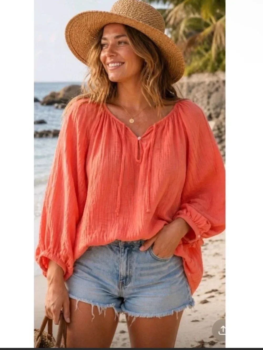 Universal Thread Textured Coral Peasant Blouse w/Balloon Sleeves - Size: Large